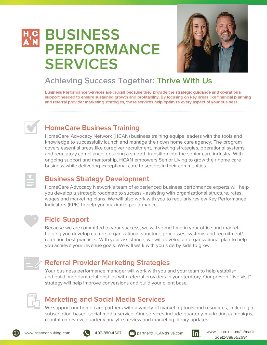 HCAN Business Performance Services overview showing consulting support areas including training, strategy development, financial planning, and operational performance optimization for home care agencies.