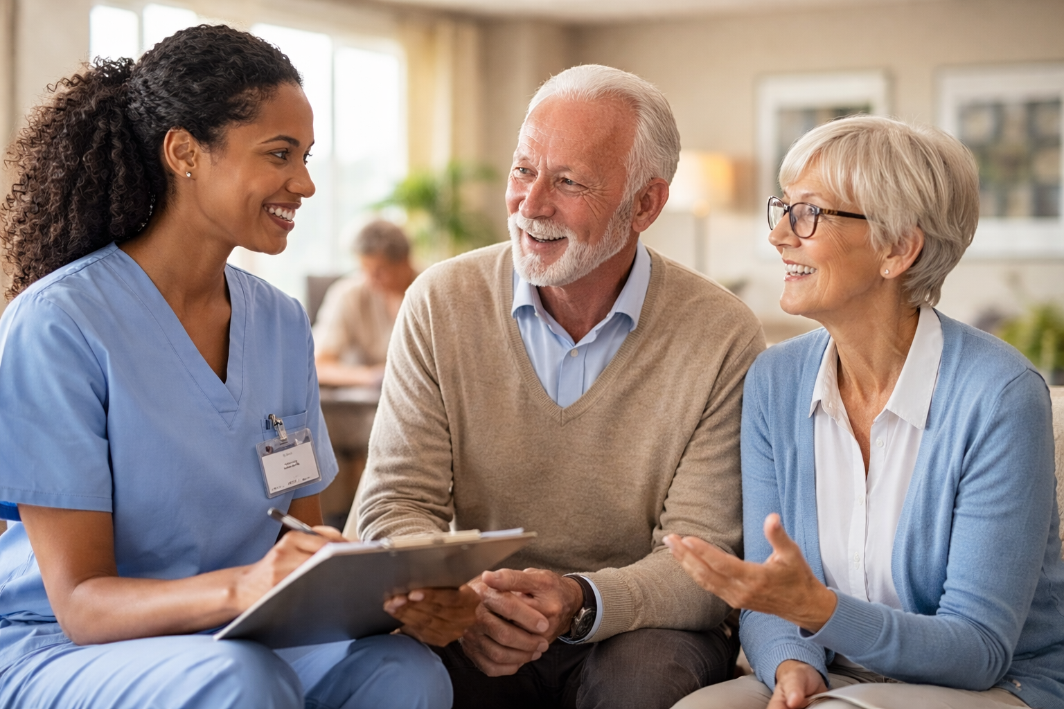 Home care professional meeting with senior couple to discuss in-home care services and support.