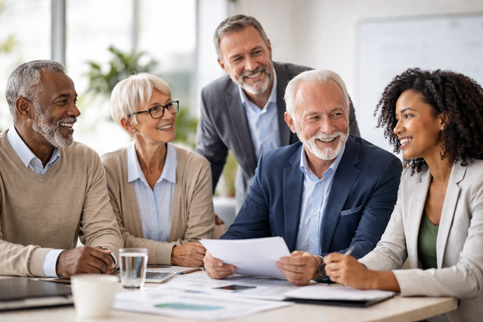 Senior living executives and healthcare leaders meeting to discuss strategic home care integration.