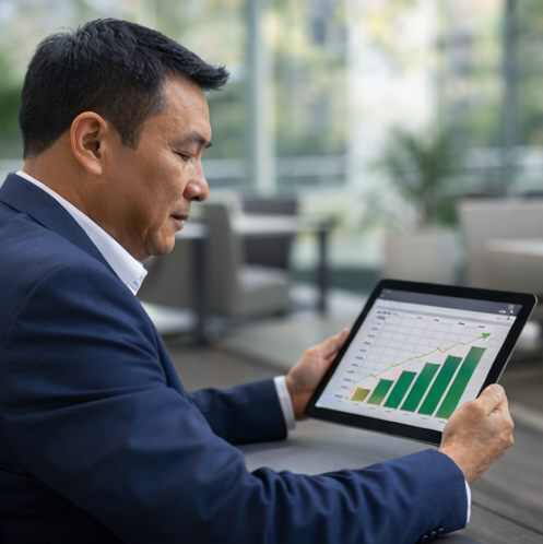 Senior living executive reviewing revenue growth charts on a tablet to analyze financial performance and increase revenue per resident.