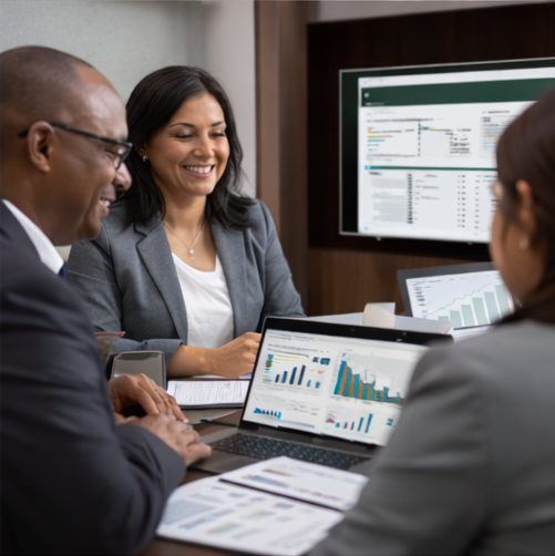 HCAN's senior living leadership team reviewing operational performance dashboards and financial reports to protect margin and brand control.