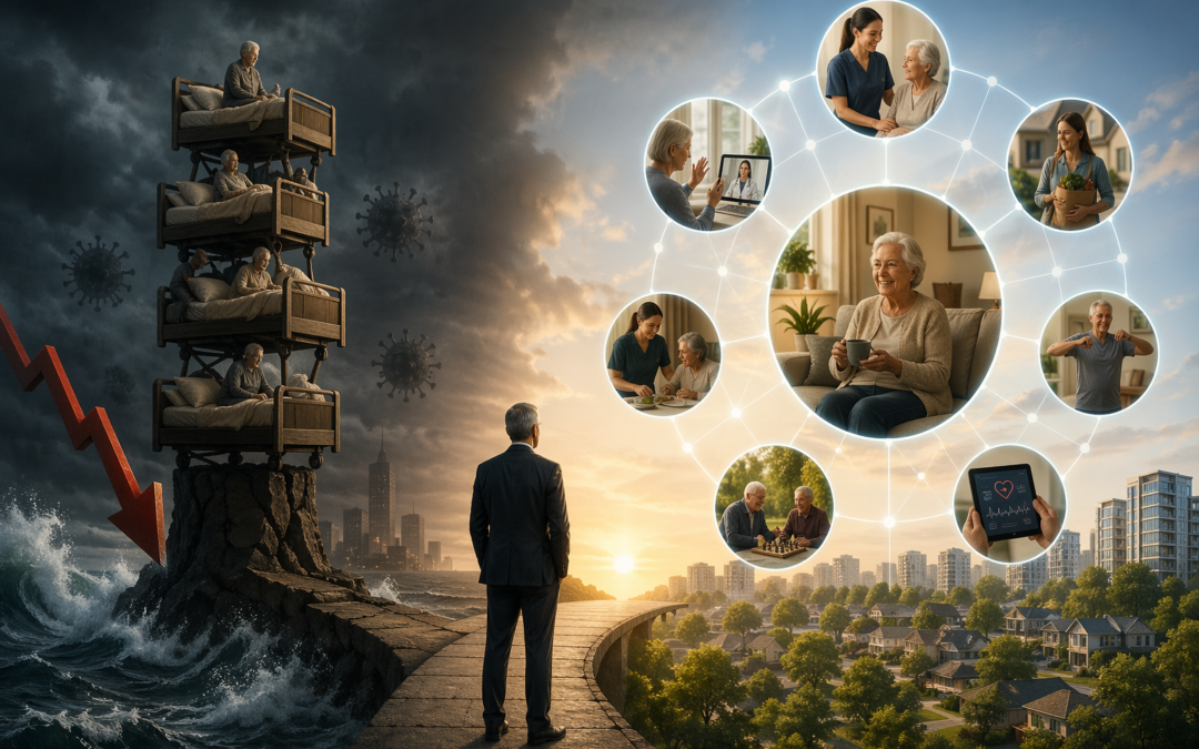 Conceptual illustration showing a senior living occupancy crisis with stacked beds on one side and a connected home care network supporting aging in place on the other